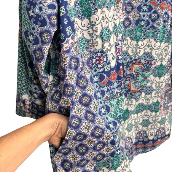 Chicos Multi Color Mosaic Button Down Tunic No Iron Shirt Size 2 Large Pockets - Picture 3 of 15